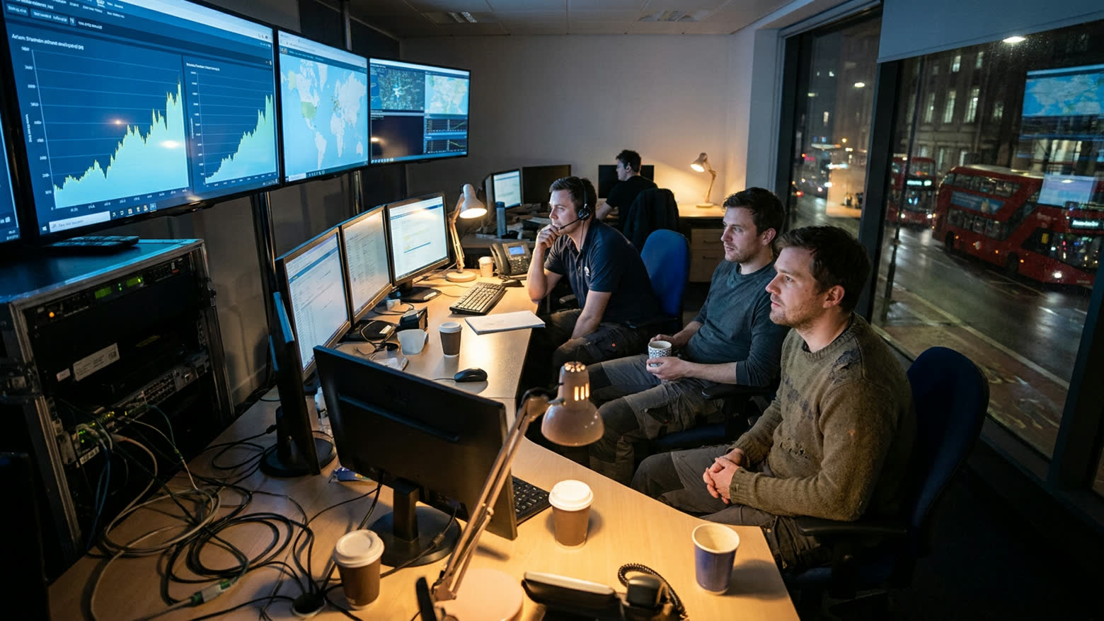 Engineers in a darkened operations room watch traffic graphs climb on wall screens during a live evening broadcast.