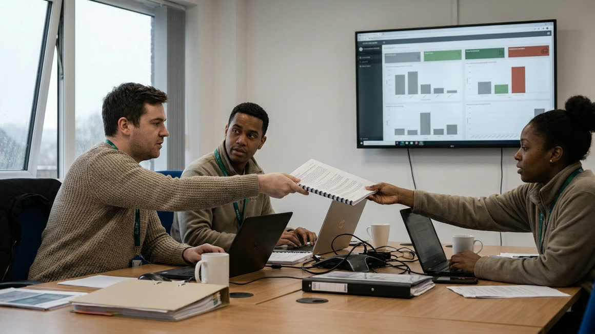 Illustration of a small in-house team at a shared desk in a public health office, a dashboard on a wall display, one person handing another a printed runbook.