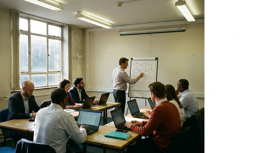 Illustration of a training session in a plain government building: eight staff at laptops and a trainer at a flipchart drawing boxes and arrows.