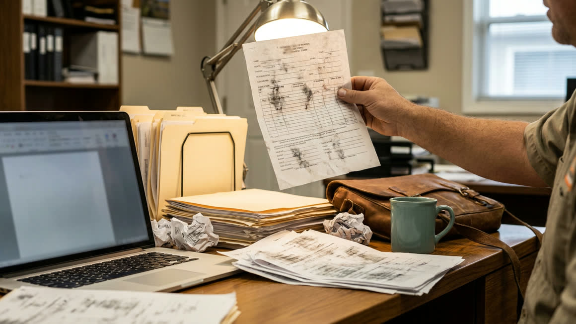 Illustration of a desk covered in thick scanned procurement forms, one page held up to the light showing poor print quality, a laptop beside it.