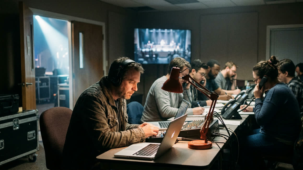 Illustration of a dark production office during a live broadcast: an engineer in a headset with two laptops, a phone bank of volunteers behind.