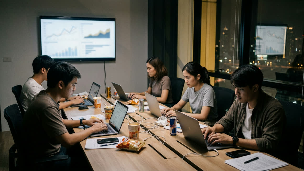 A young team works at laptops round a long table late at night, a wall screen showing order graphs climbing and city lights outside.
