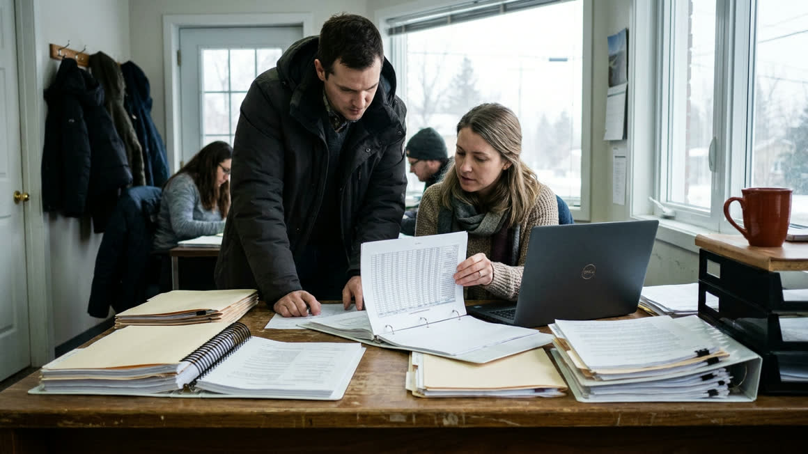 Illustration of a planning office in winter light: printed spreadsheets and binders on a wooden desk, two planners comparing a laptop against a printout.