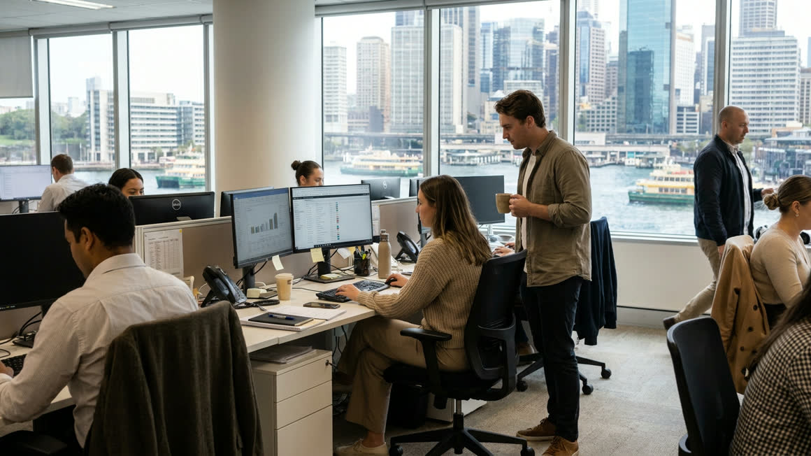 Staff at desks with dual monitors in an open-plan office, one colleague standing with a coffee, the harbour and city towers through tall windows.