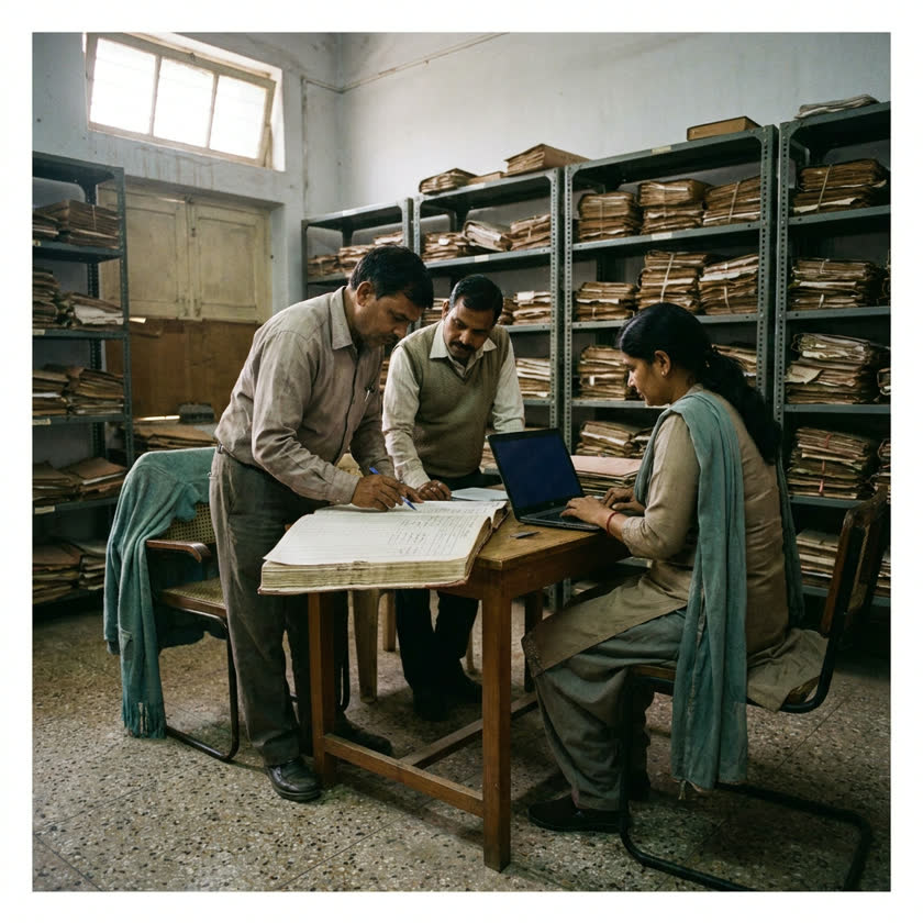 Illustration of three people seated at a table in a government records room going through a printed register together, one laptop open, light from a high window.