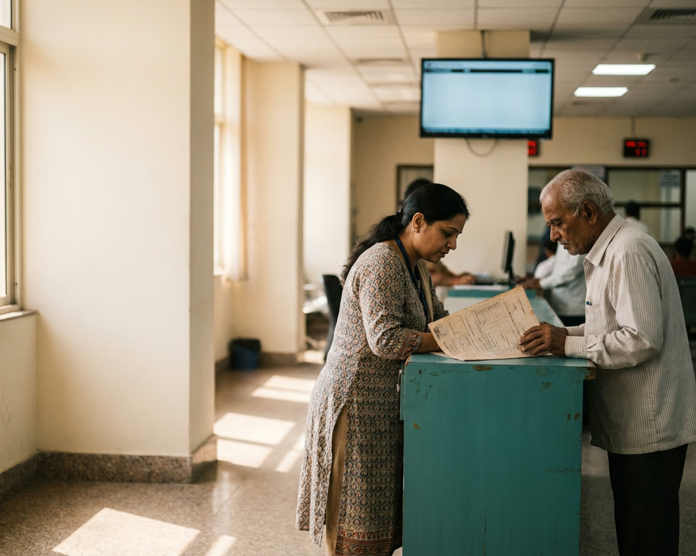 Illustration of a municipal service counter in an Indian civic office: a clerk helps an elderly man with a printed form while a short queue waits, warm daylight from tall windows, terrazzo floor.