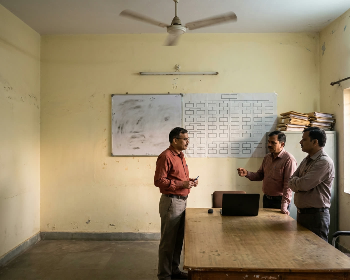 Illustration of three officials in a plain government meeting room comparing a printed wall chart with a laptop, files stacked on the table, late afternoon light.
