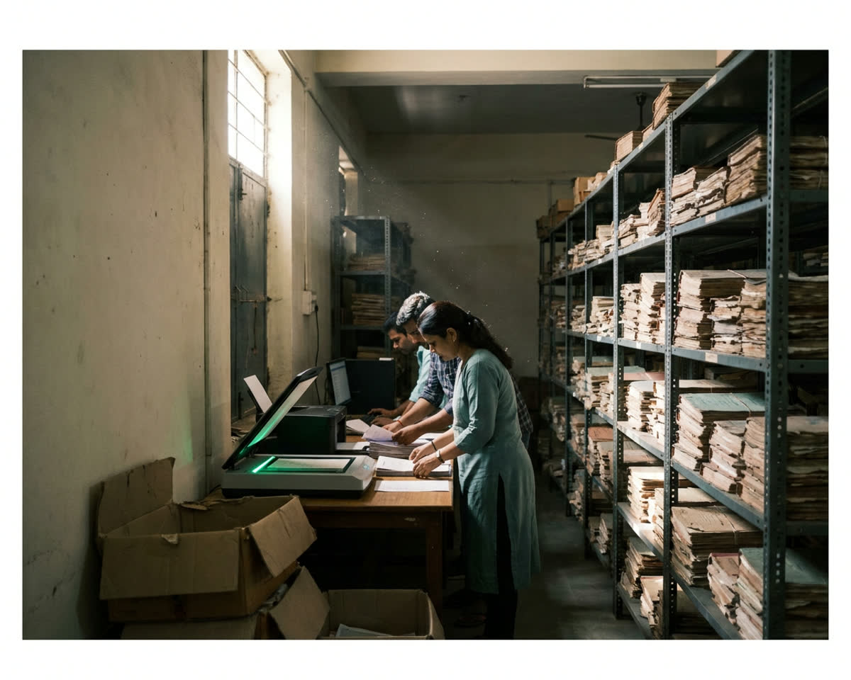 Illustration of a government records room: ledgers on steel racks on one side, a small team scanning documents at a desk on the other, light from a high window.