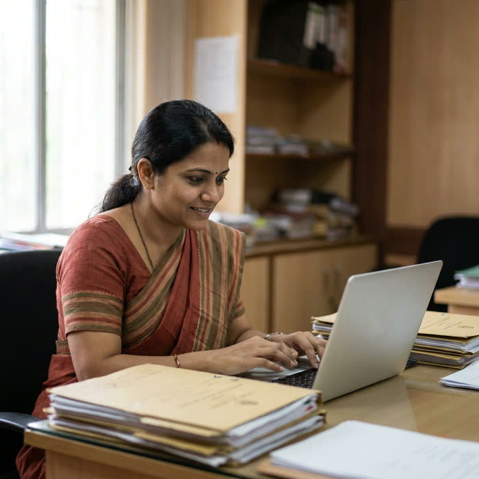A woman officer in a sari smiles as she works on a laptop at a desk stacked with files in an Indian government office.