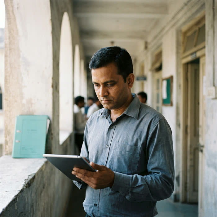 An engineer checks a tablet in the arched verandah of an old government building.