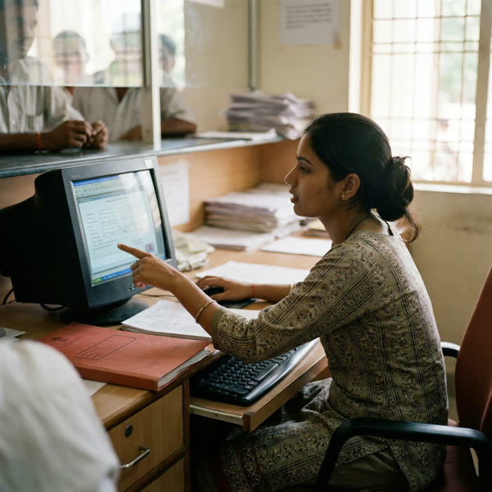 A service centre operator points at a record on a desktop screen at a counter, with colleagues working behind her.