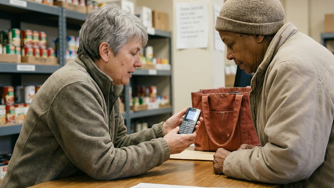 Illustration of a food pantry intake desk: a volunteer showing a client an SMS on a basic phone, shelves of tinned goods behind.