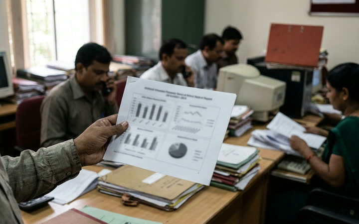 An official holds up a printed report of charts at a busy desk in a government office.