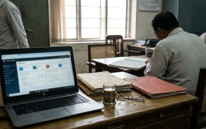A laptop showing a dashboard on an office desk beside a glass of tea and red files, a clerk working in the background.
