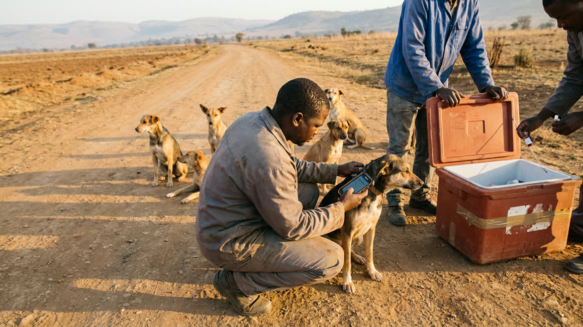 Illustration of a vaccination field team on a rural road at dawn, one worker logging a dog's tag on a rugged phone, a cooler box open.