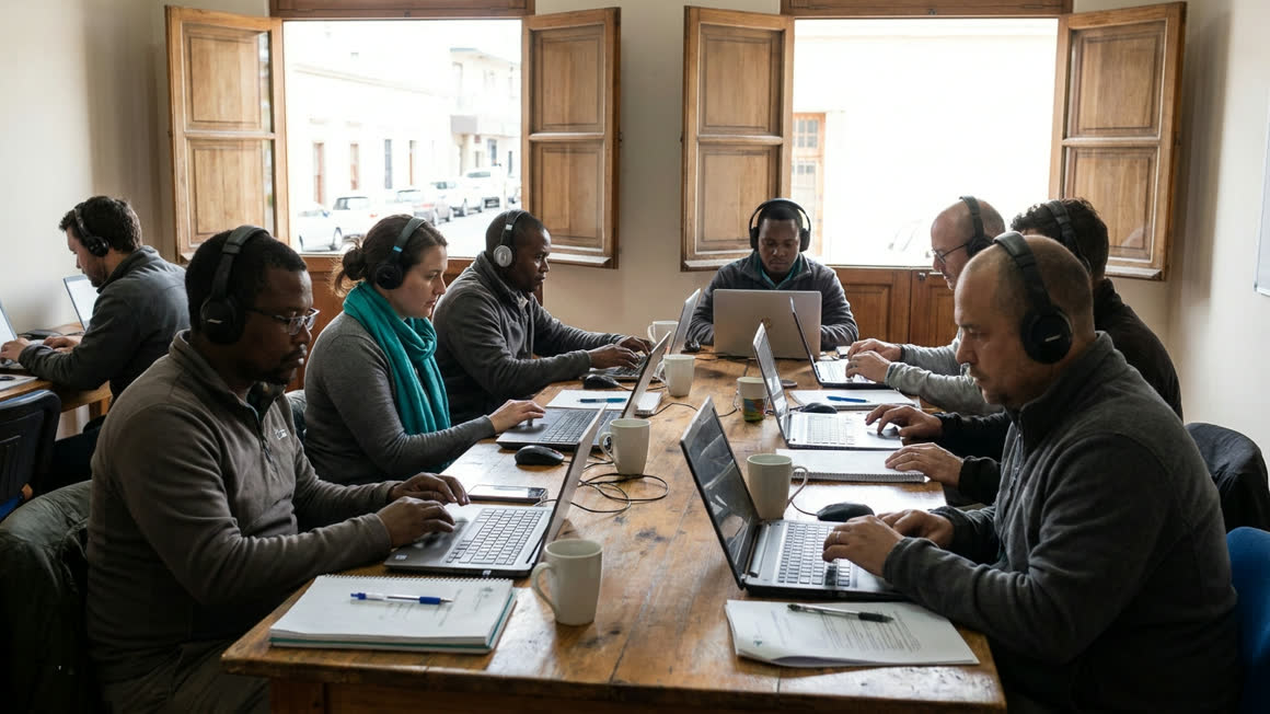 Illustration of adult staff at a shared table in a regional office taking an online course on laptops with headphones, paper workbooks beside them.