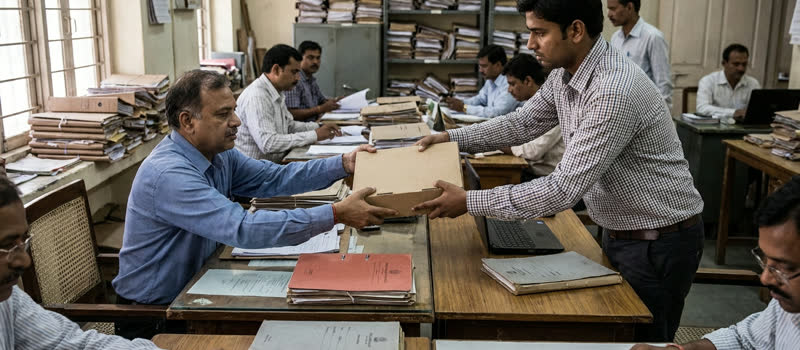 A younger engineer hands a box of documentation across a desk to a senior official in a records office.
