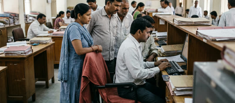 Staff gather around a colleague at a computer in a busy district office, trying a new system on real records.