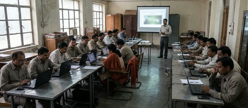 A training room of staff at laptops follow a presenter at a projector screen.