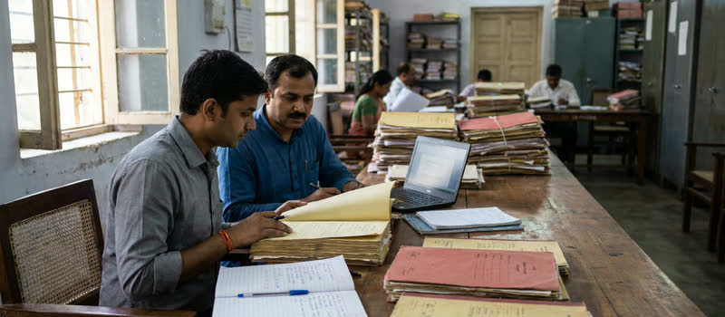 Two men sit at a long table with registers and a laptop, reading through files in a department office.