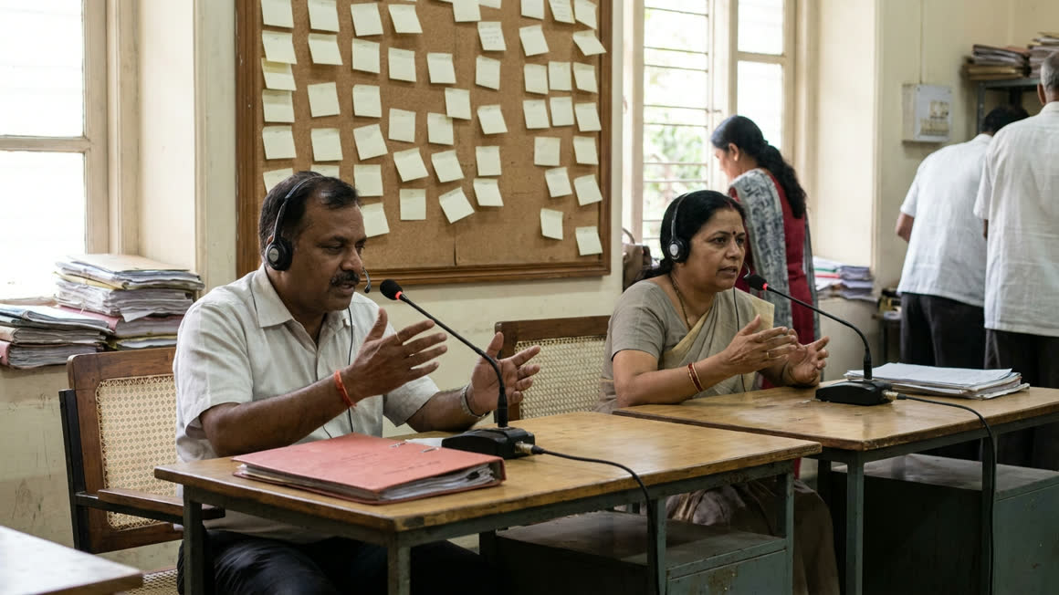 Helpline staff in headsets take calls at desks in front of a board covered with notes.