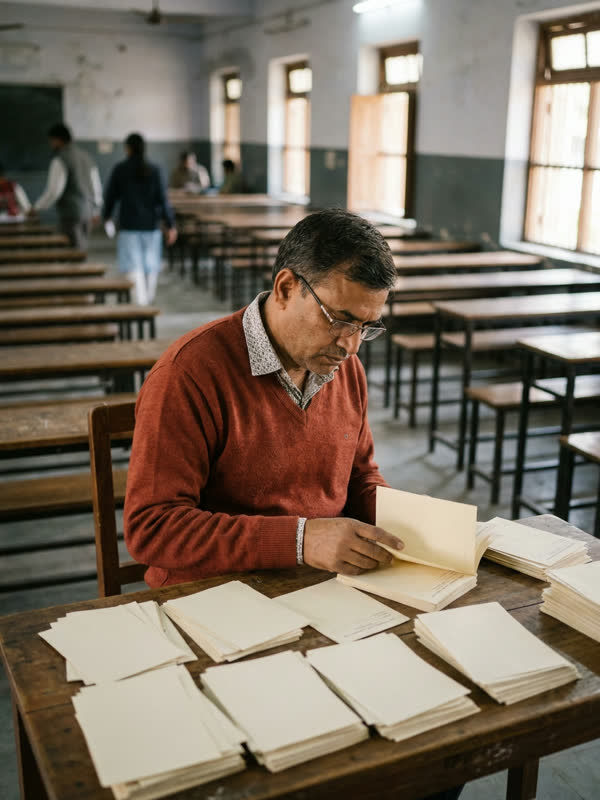 An official sorts answer sheets on a wooden desk in an empty examination hall with rows of benches.