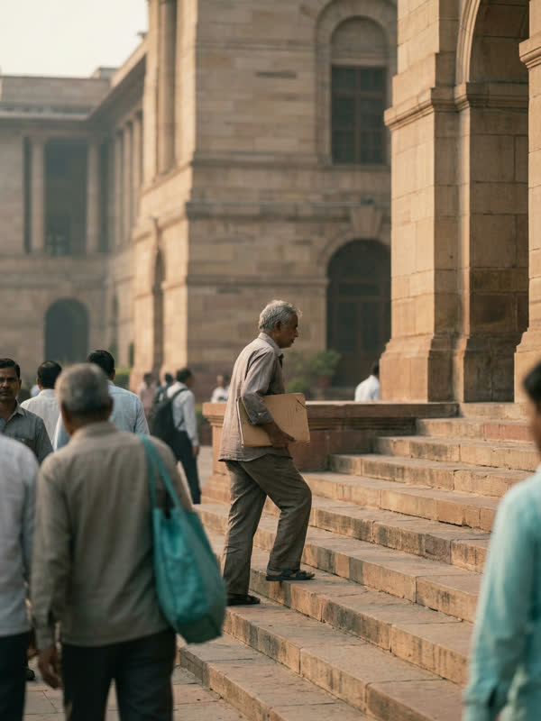 Officials climb the sandstone steps of a colonnaded government building in morning light.