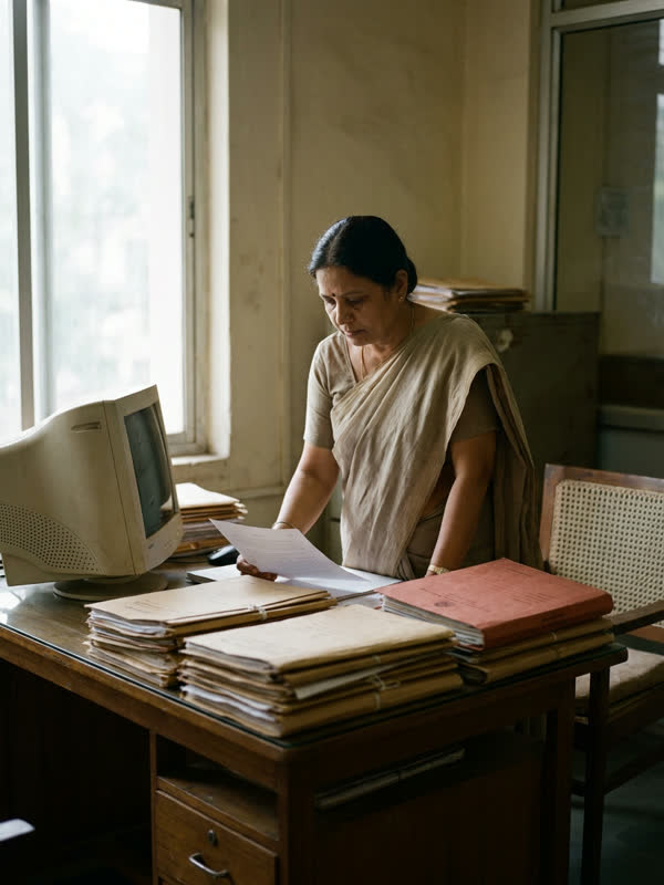 A woman official reviews files at a desk beside a desktop computer in a state department office.