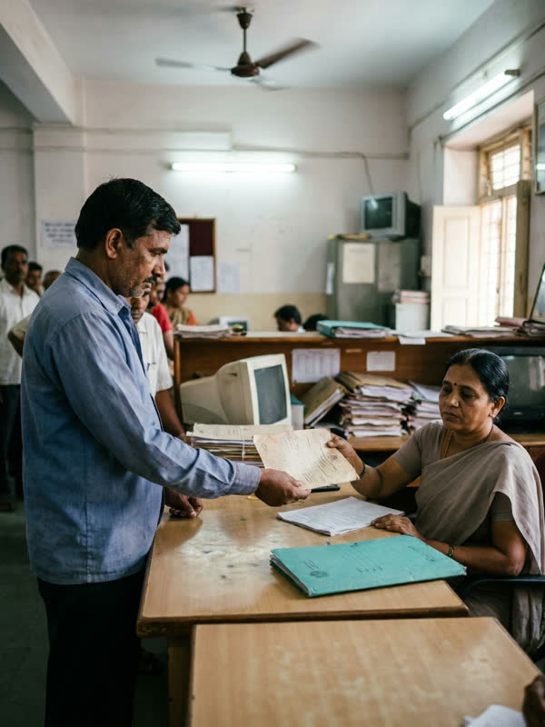 A citizen hands a form across a counter to a clerk in a busy municipal office under a ceiling fan.