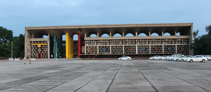 The High Court building at Chandigarh, designed by Le Corbusier, with its coloured entrance pylons.